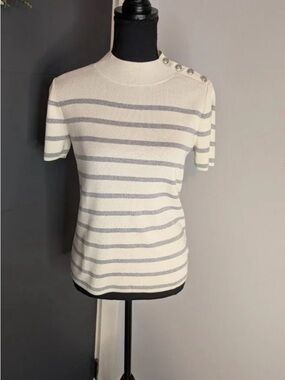 Talbots Cream and Gray Striped Knit Pullover